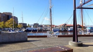 A marina with multiple boats docked, a wooden bench, and a building in the background.