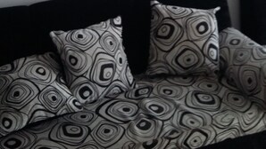 Une pièce dans laquelle on trouve, au mur, une œuvre d’art encadrée de noir représentant une fleur rouge, un canapé noir orné de coussins à motifs et une tête de lit noire.