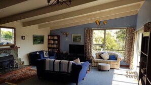 A living room with a fireplace, a blue sofa, a beige sofa, and a television. - Relax and Enjoy - Waterfront Bach in Ngakuta Bay (Ngakuta Bay)