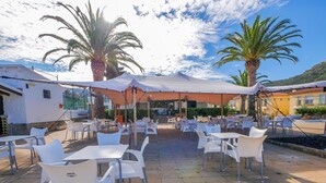 An outdoor patio with white plastic chairs and tables, palm trees, and a covered seating area. - Rescator Resort 329 - One Bedroom Apartment, Sleeps 4 (Roses)