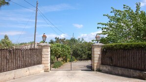 Una entrada protegida con un portón metálico, pilares de piedra y una farola.