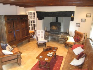 Smart TV, chimenea, reproductor de DVD, libros