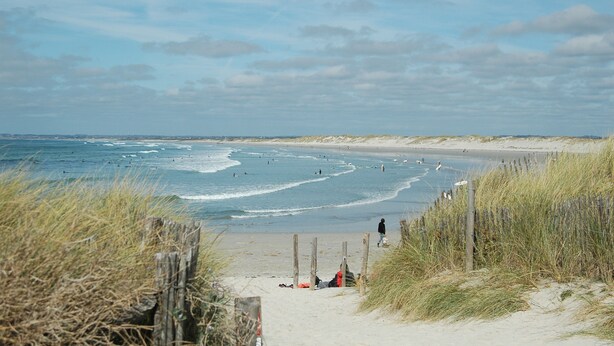 A beach with a wooden fence, sand, and the ocean.