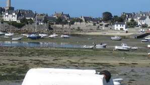 A coastal town with a lighthouse, boats, and houses along the shore.