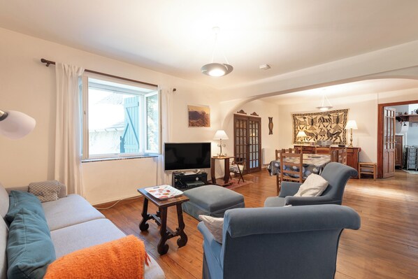 TV, fireplace, DVD player, books