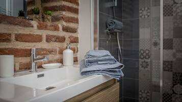 Shower, hair dryer, towels