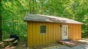 A small wooden cabin with a door and window, surrounded by a forest. - The Nest at Hiding Place Cabins (Logan)