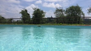 A clear pool with a wooden fence and trees in the background. - Podere l'Ulivo: typical Tuscan Villa of 400 meters with a large swimming pool (San Mignato Pisa)