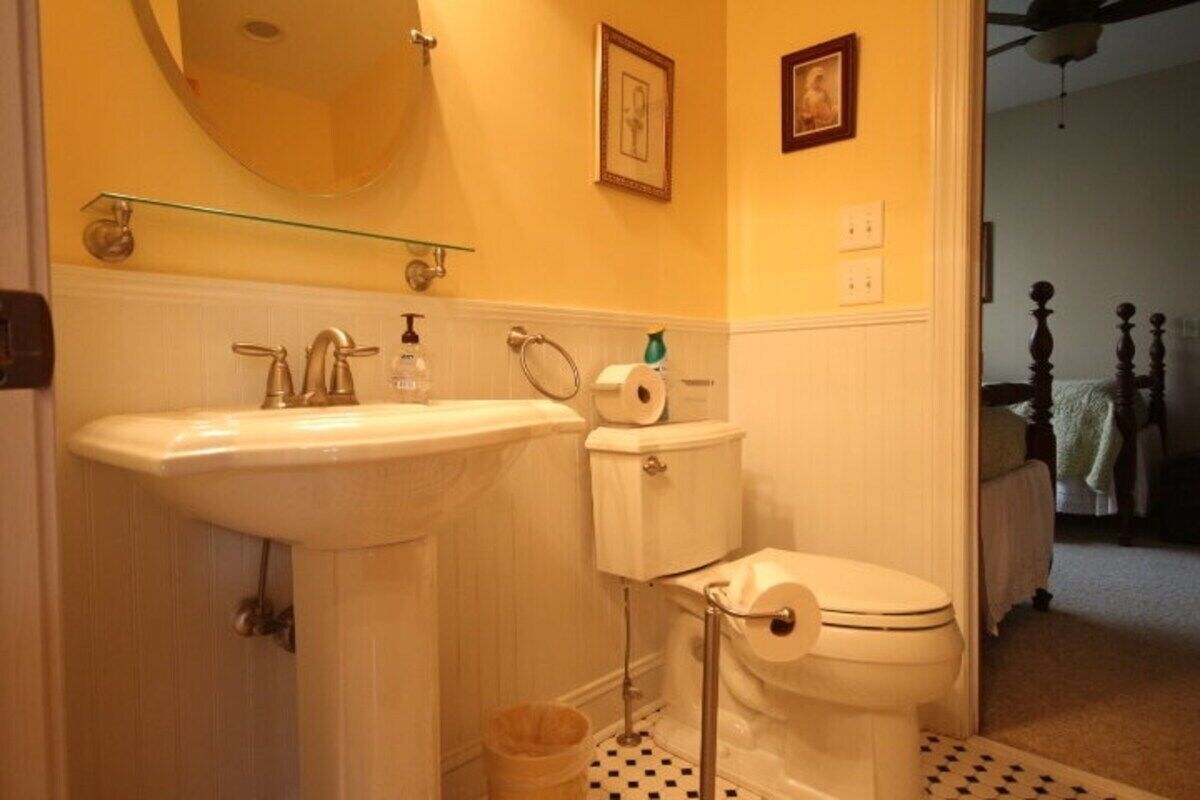 A bathroom with a sink, toilet, and a glass shelf above the sink.