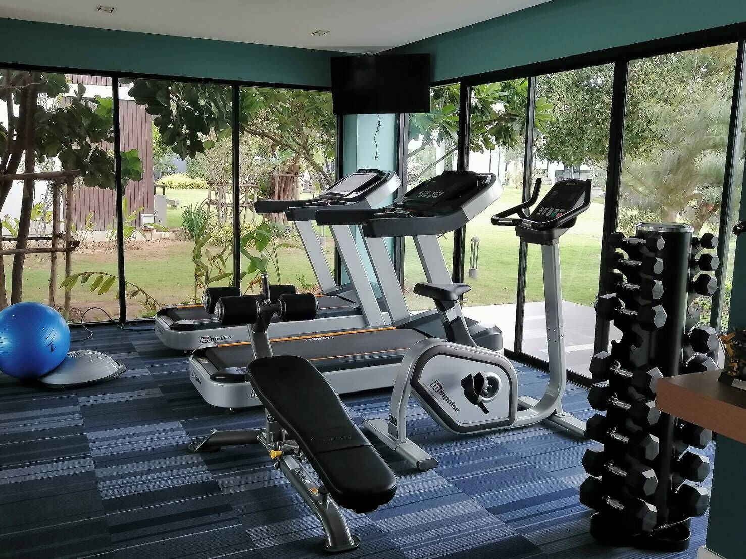 A gym with exercise equipment, a bench, and a blue exercise ball.