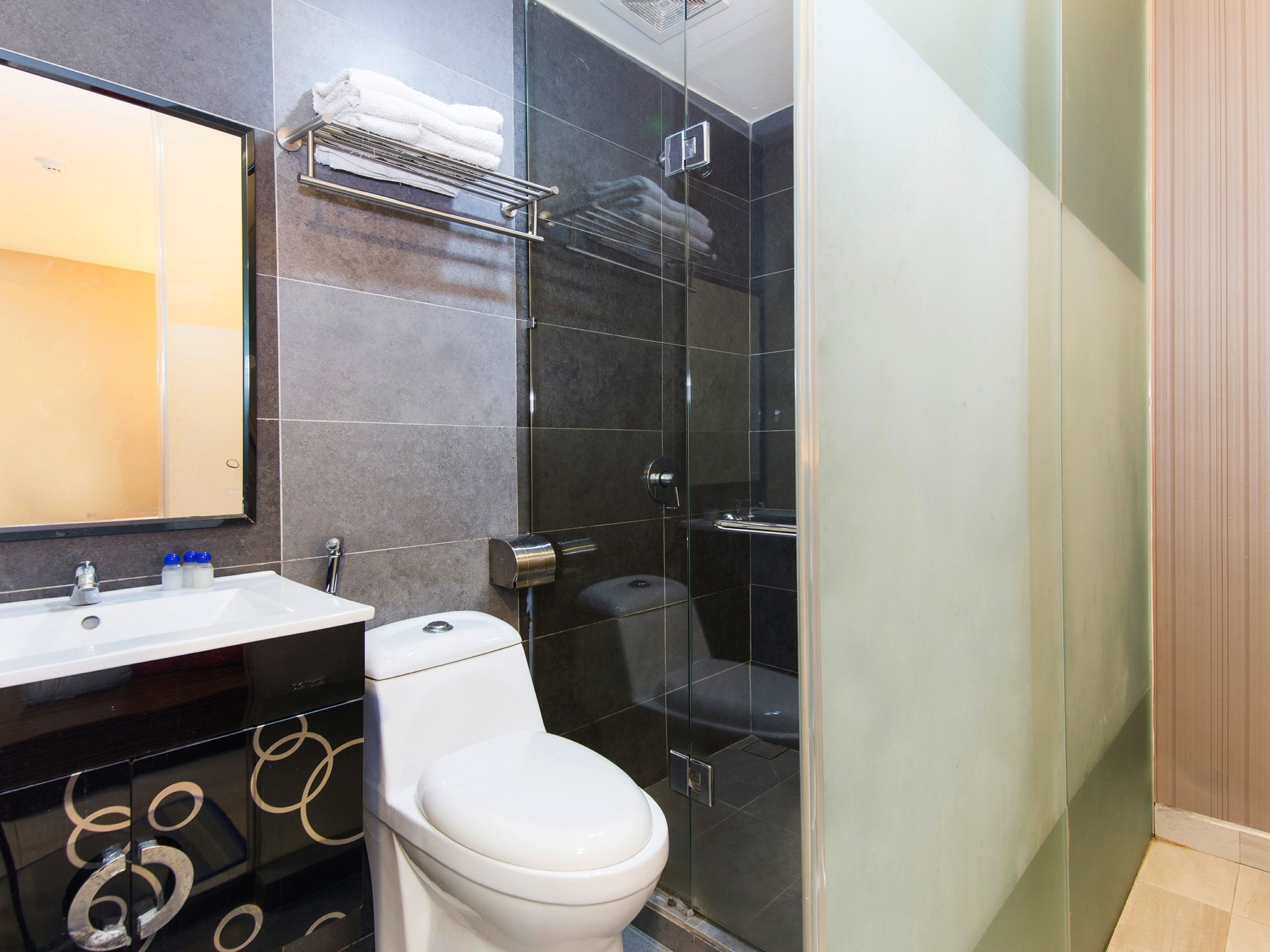A modern bathroom with a glass shower enclosure, a white toilet, and a sink with a mirror above it.