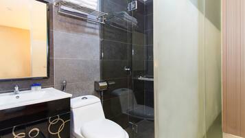 A modern bathroom with a glass shower enclosure, a white toilet, and a sink with a mirror above it.