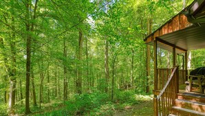 Puinen mökki, jossa on kuisti ja portaat, jotka johtavat ylös mökkiin. Mökkiä ympäröi tiheä metsä.