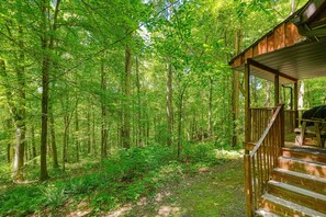 A wooden cabin with a porch and stairs leading up to it, surrounded by a dense forest.