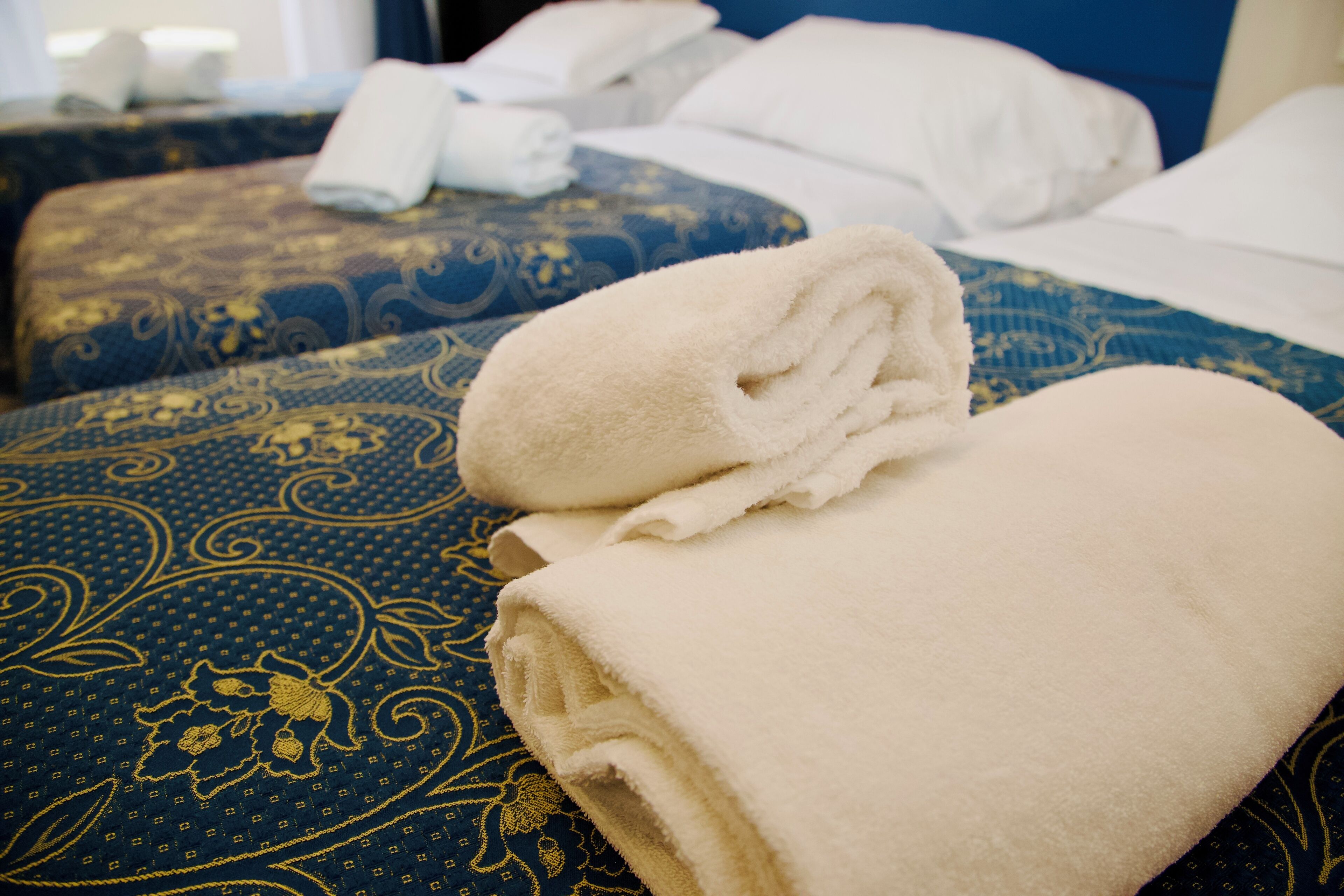 A hotel room with two beds, each with a blue patterned bedspread and white linens.