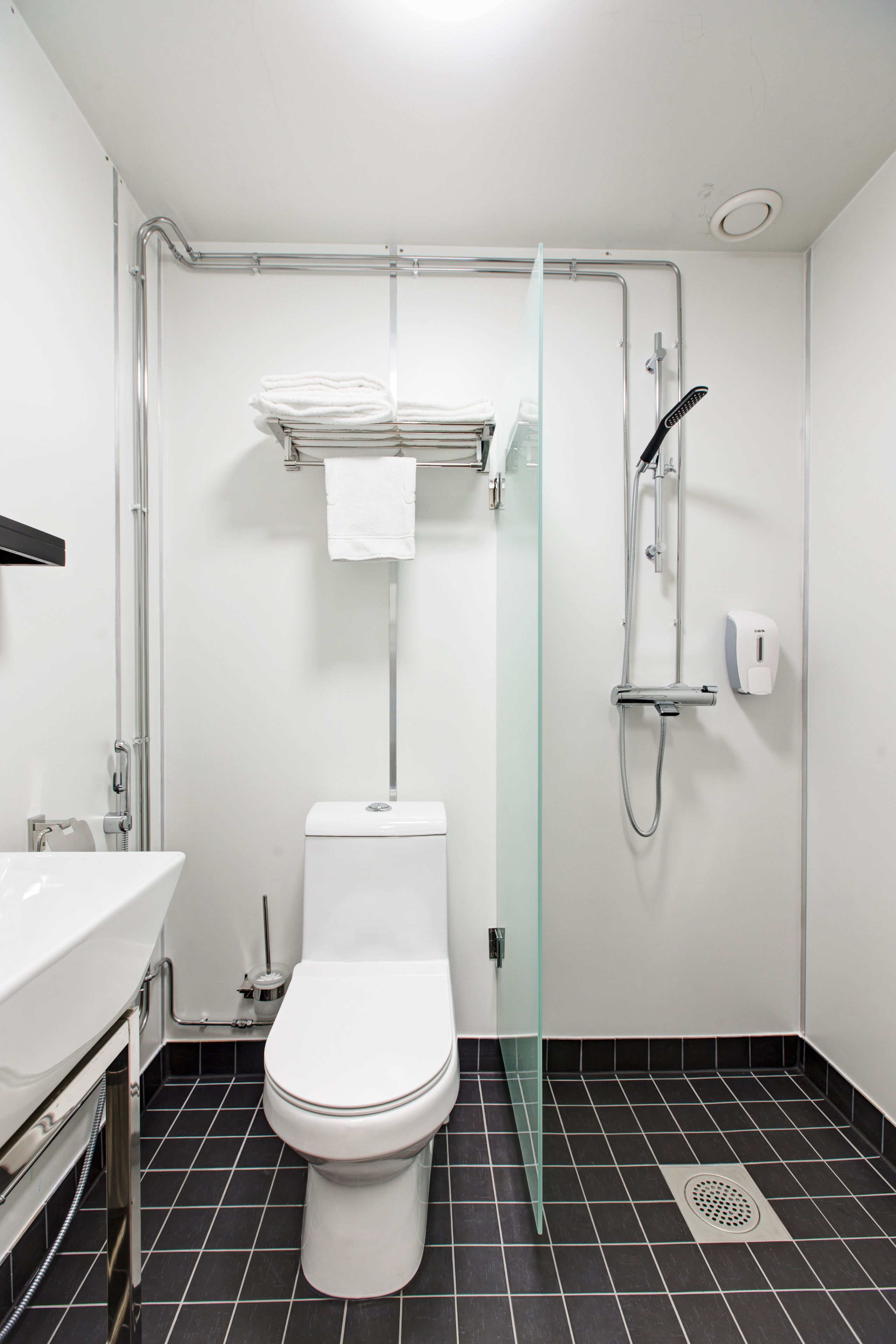 A modern bathroom with a white toilet, a glass shower enclosure, and a black-tiled floor.