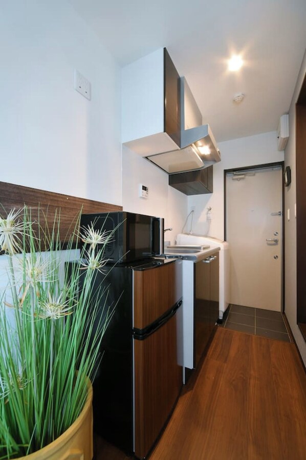 A compact kitchen with a microwave, stove, and sink. There is a potted plant with long green leaves. The kitchen has wooden cabinets and a white countertop.