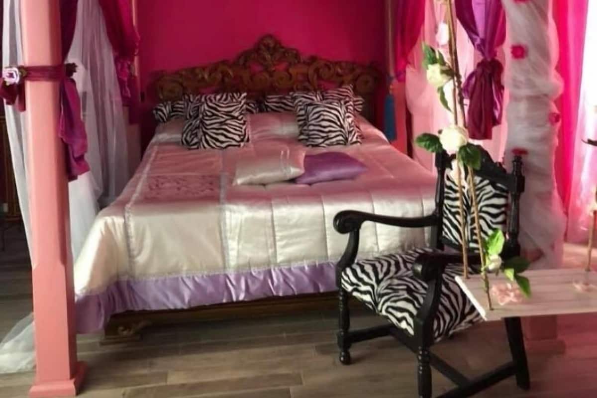 A bed with a canopy, zebra-patterned pillows, and a chair with a zebra design.