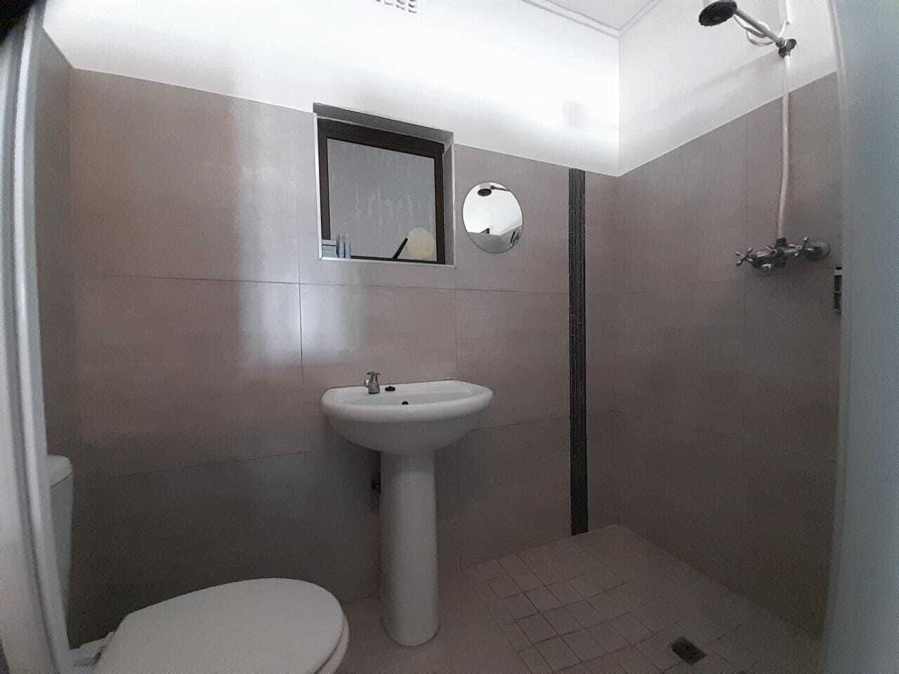 Un baño pequeño con inodoro, lavamanos pedestal, espejo y ducha.