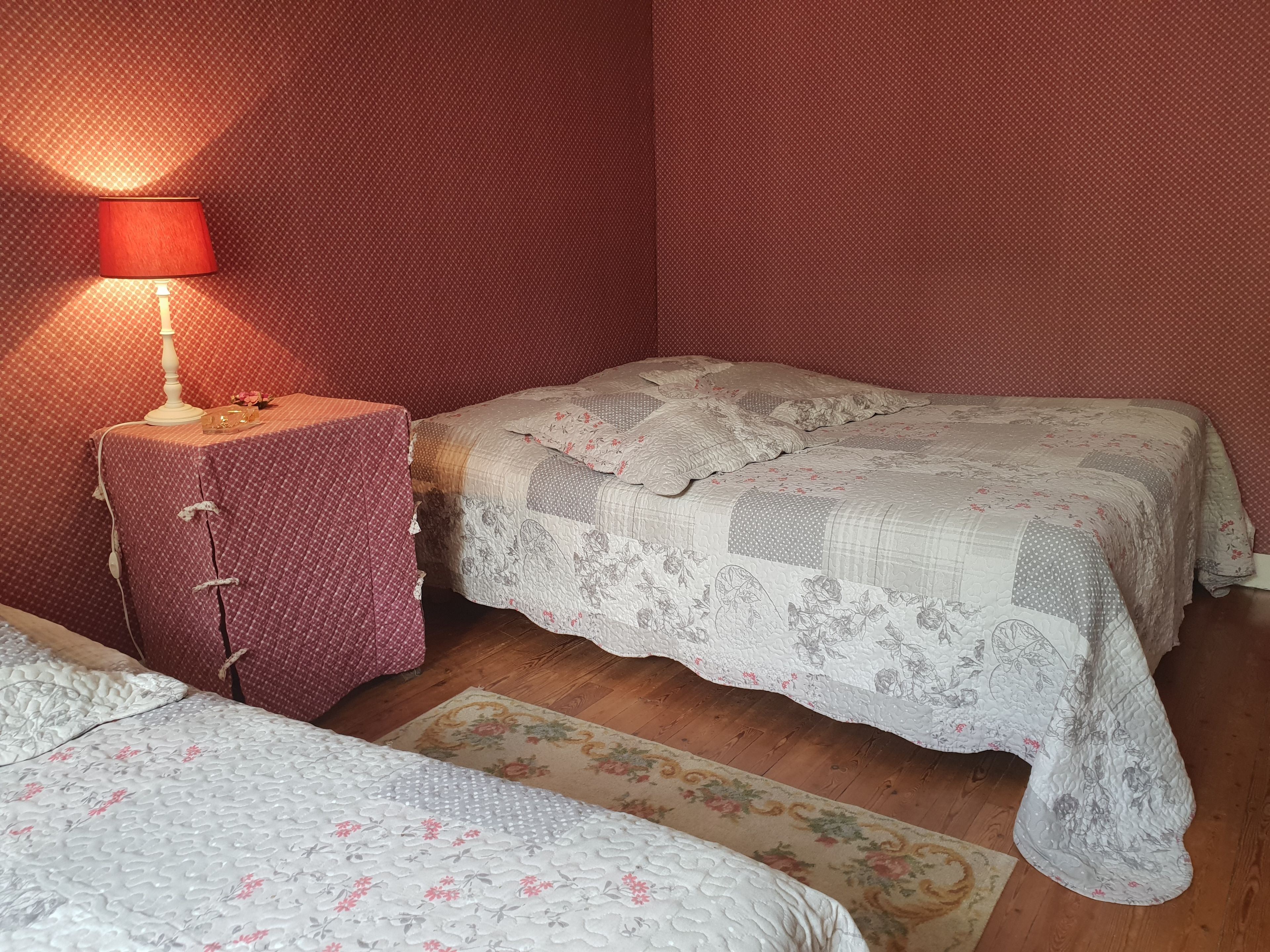 A bedroom with two beds, a nightstand, a lamp, and a floral rug.
