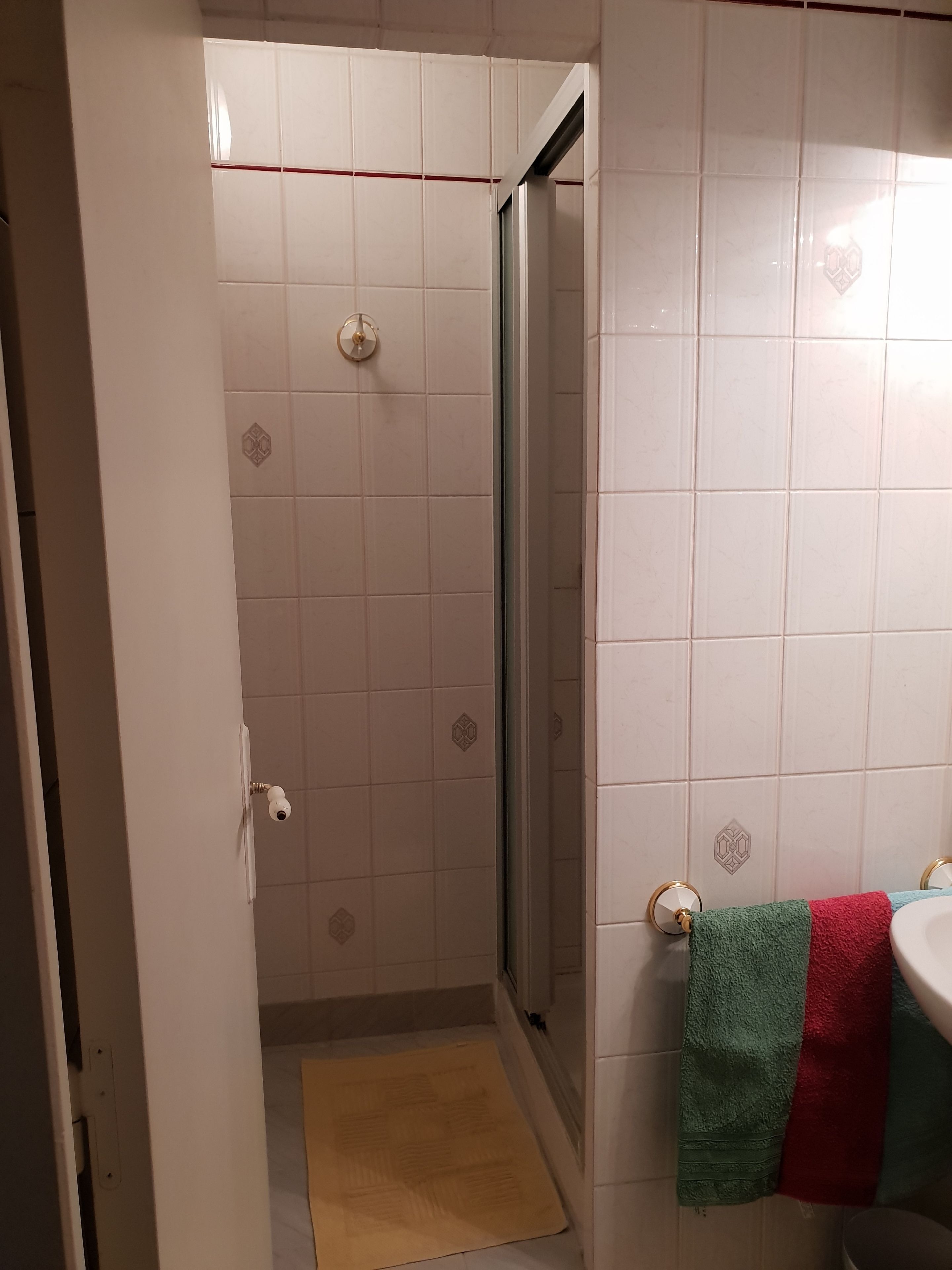 Kylpyhuone, jonka seinät on päällystetty valkoisilla laatoilla, suihku lasiovella, vihreän ja punaisen pyyhkeen sisältävä pyyheteline sekä wc-paperiteline.