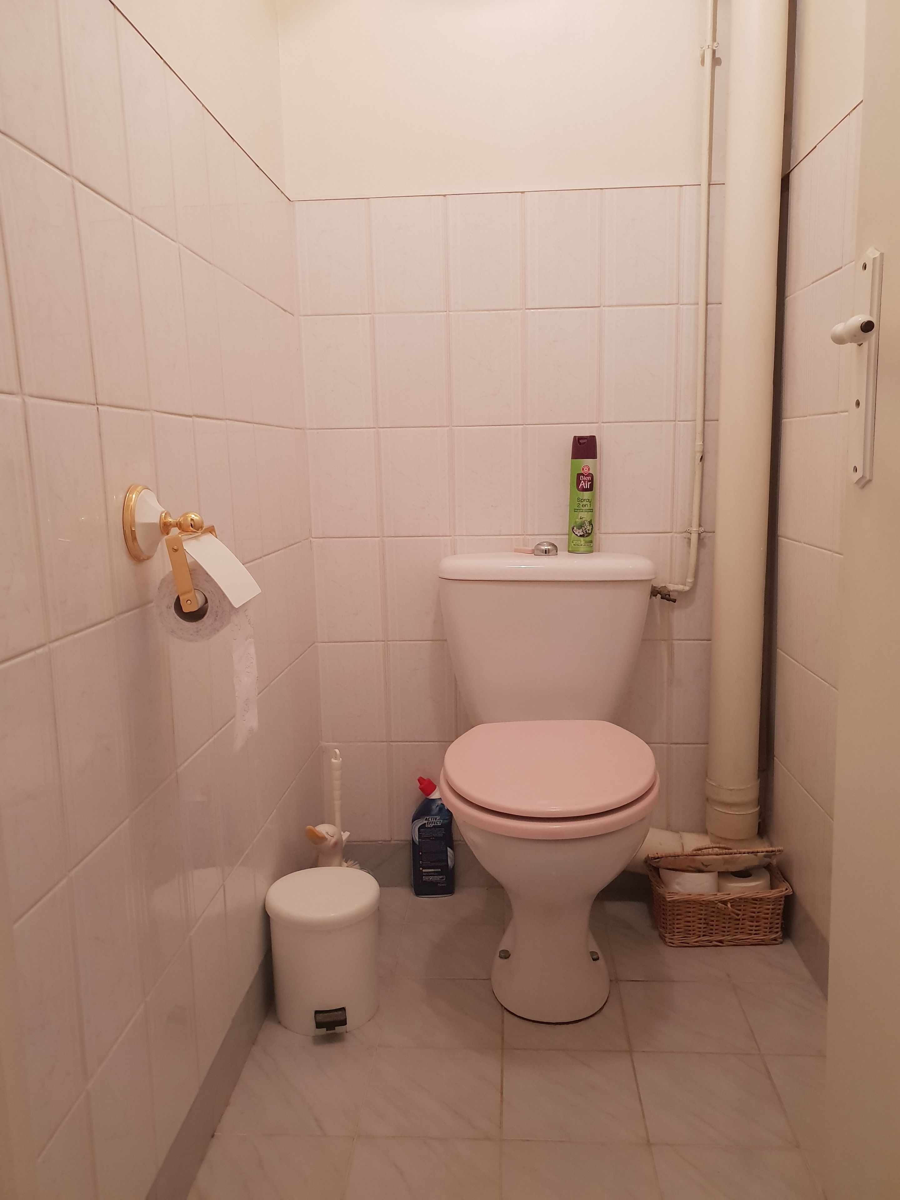 A small bathroom with a toilet, a bidet, a trash bin, and a basket of toiletries.