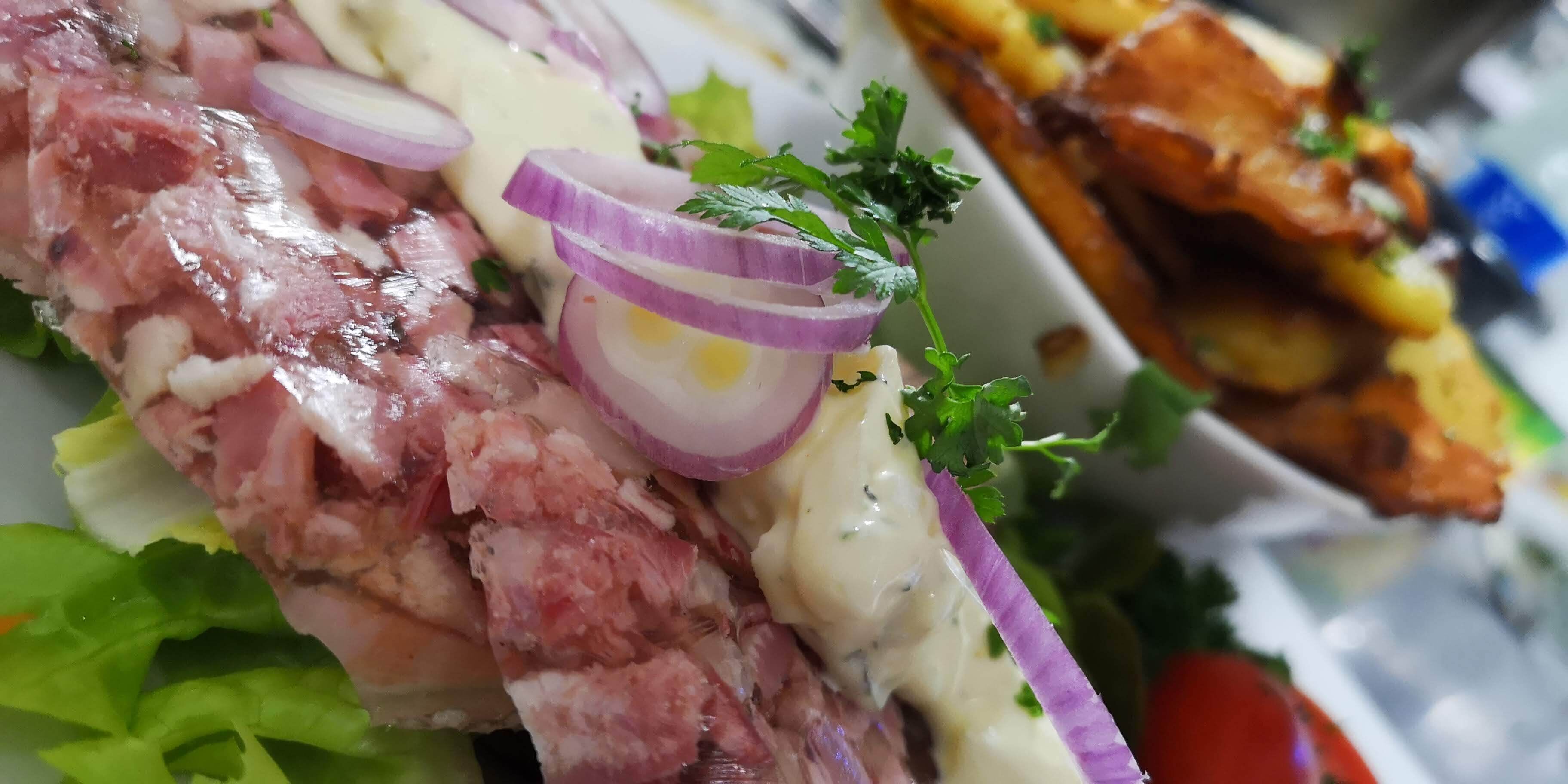 Un plato de comida con carne en rodajas, cebolla morada y perejil.