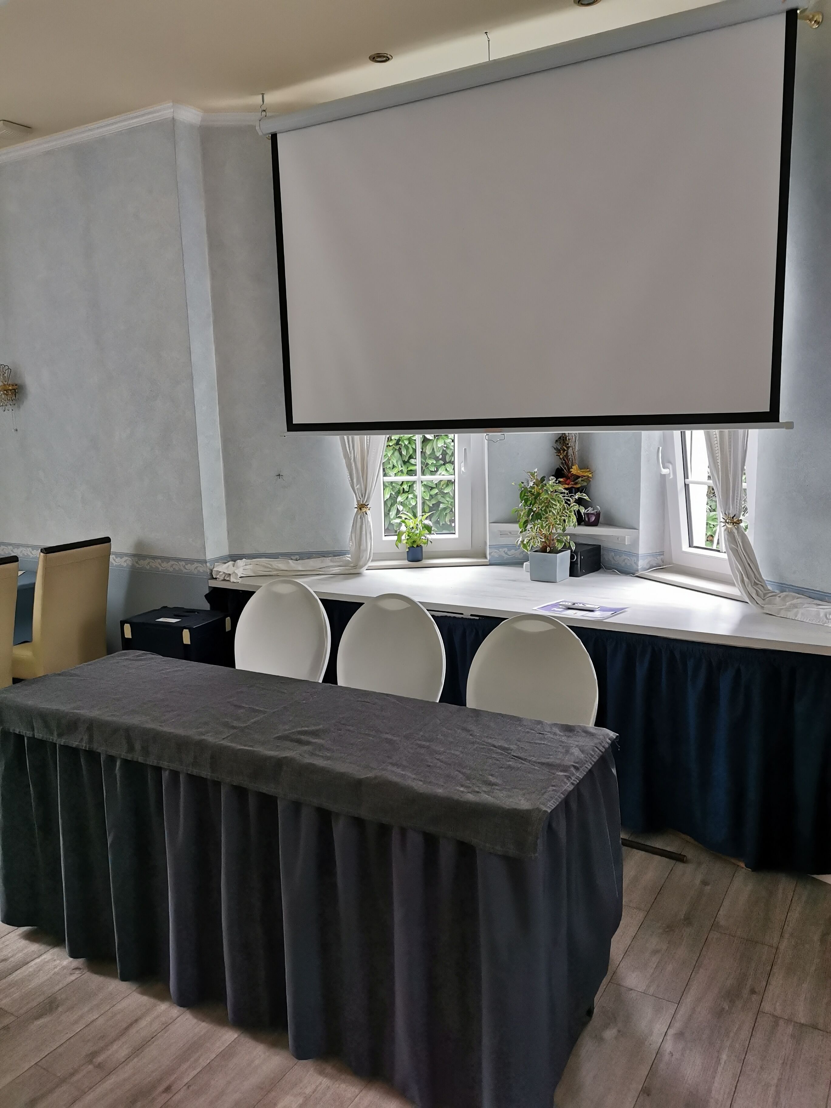 Un salón de conferencias con una pantalla grande, una mesa larga y sillas. Hay ventanas con cortinas, una planta en maceta y una pequeña mesa con objetos encima.