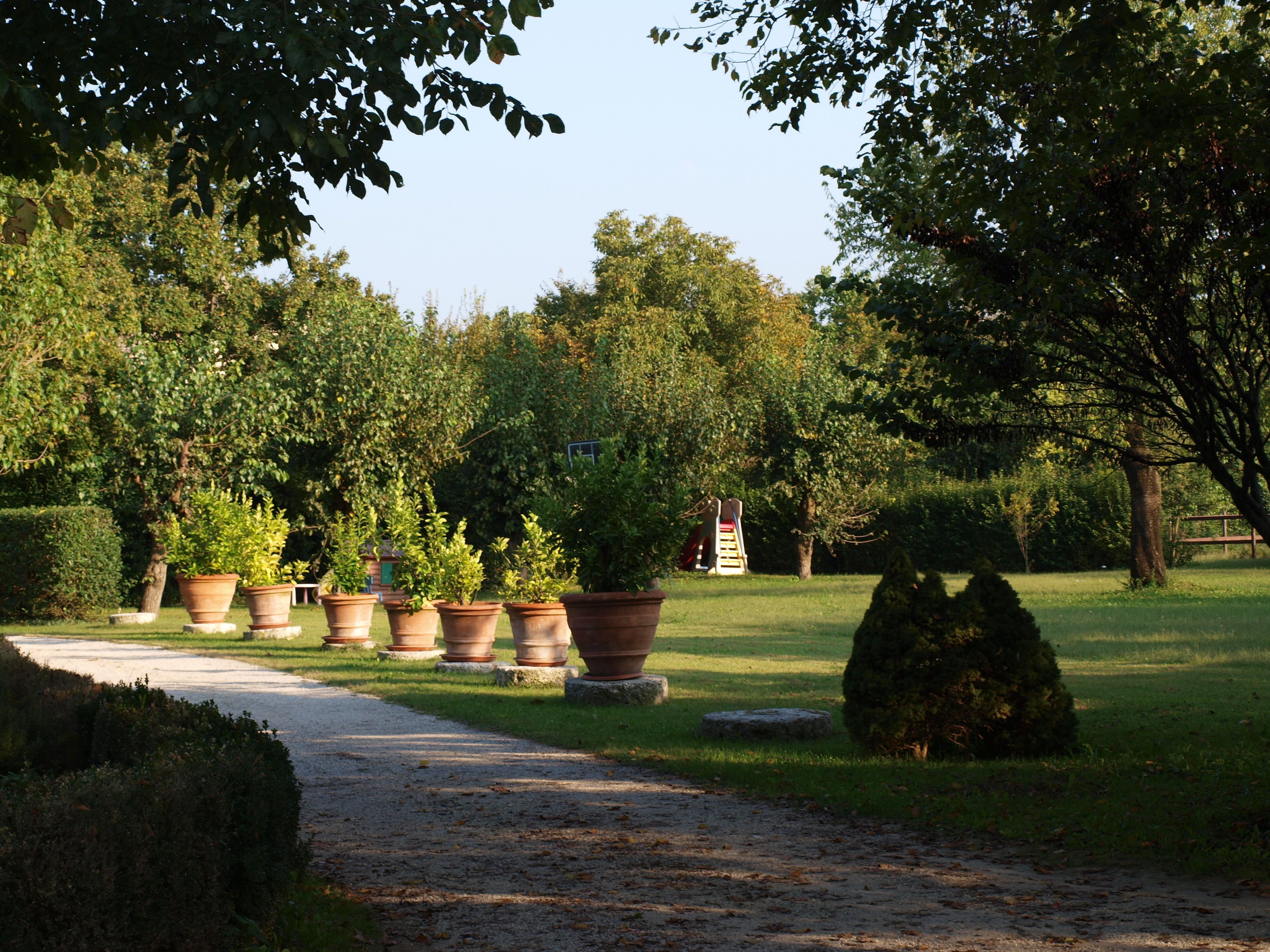 A pathway leading through a garden with potted plants and a playground.