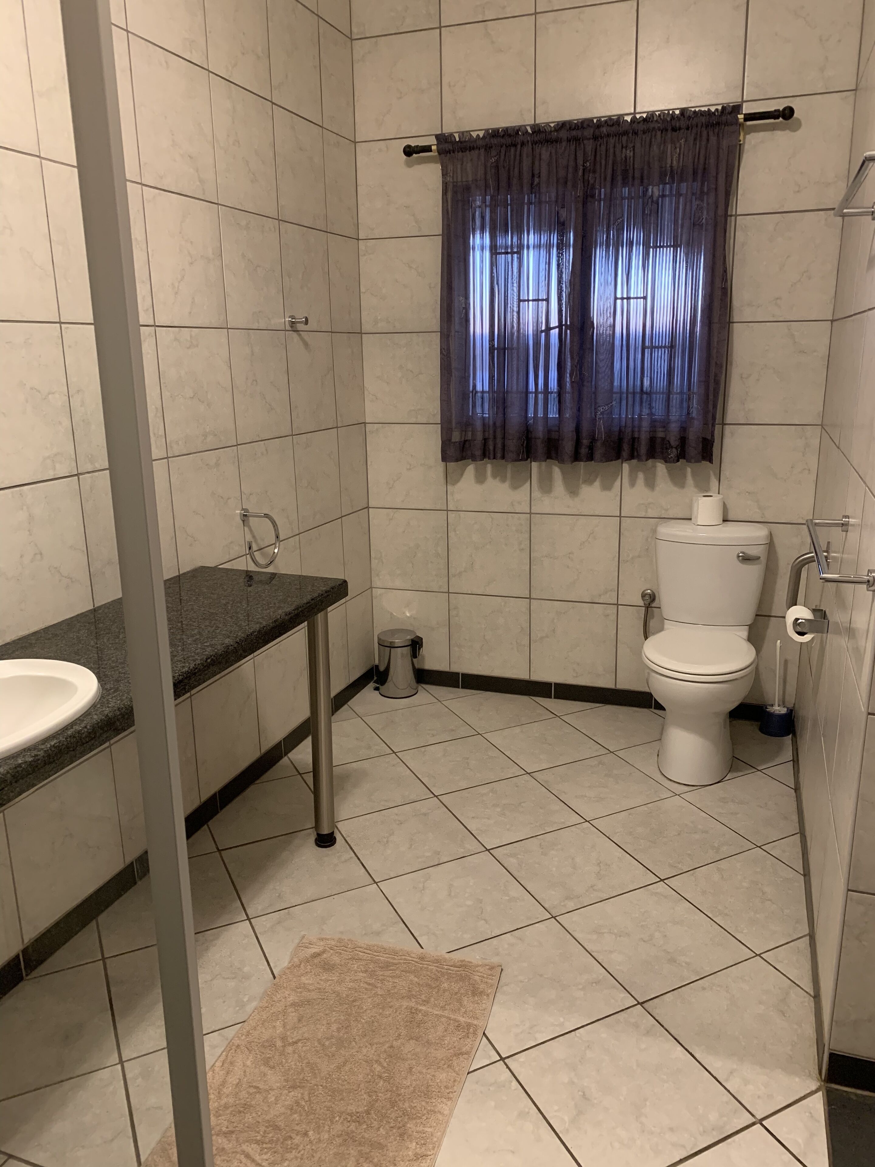 A bathroom with a toilet, sink, and shower area.