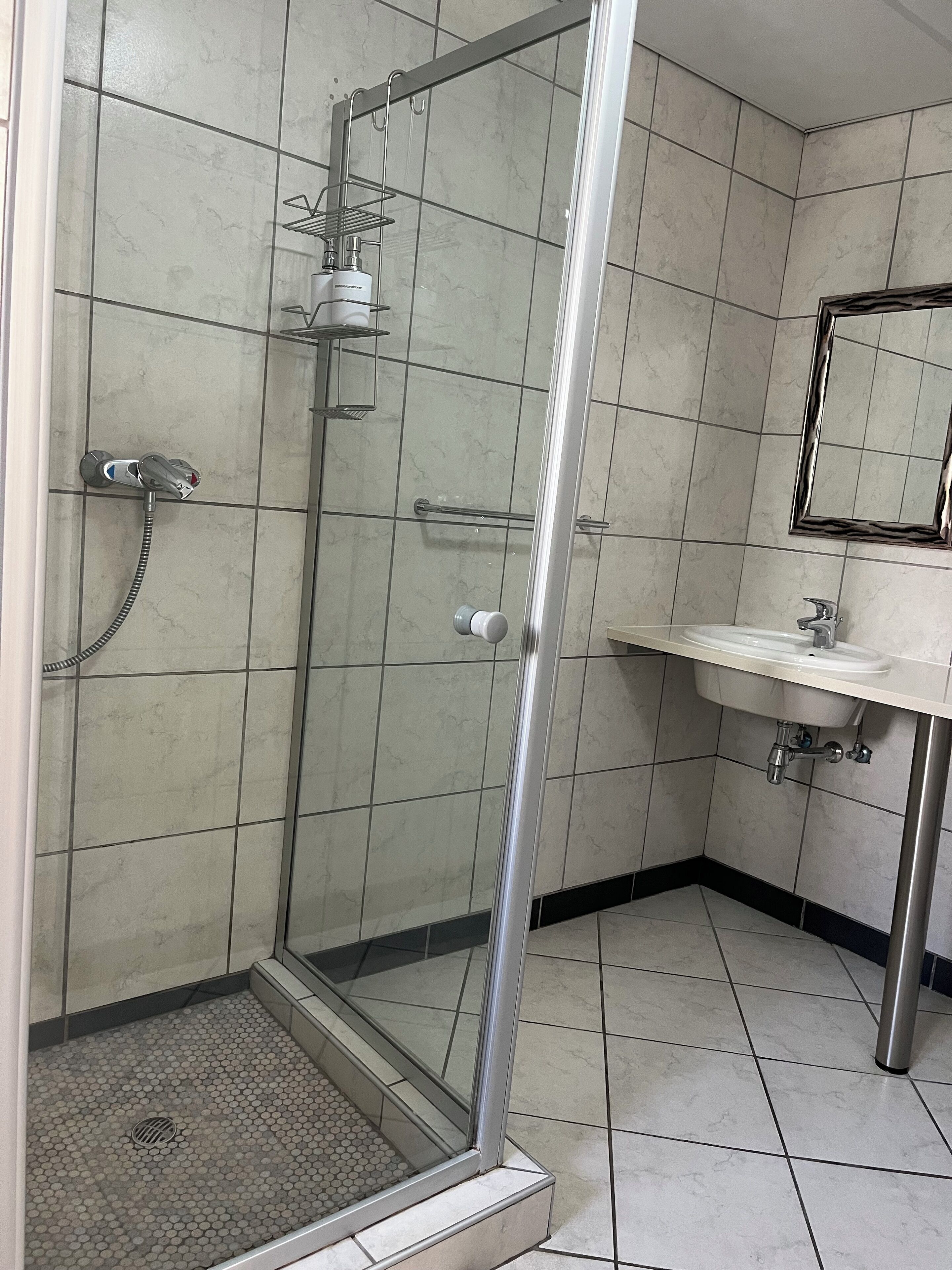 A bathroom with a glass-enclosed shower, a sink, and a mirror.
