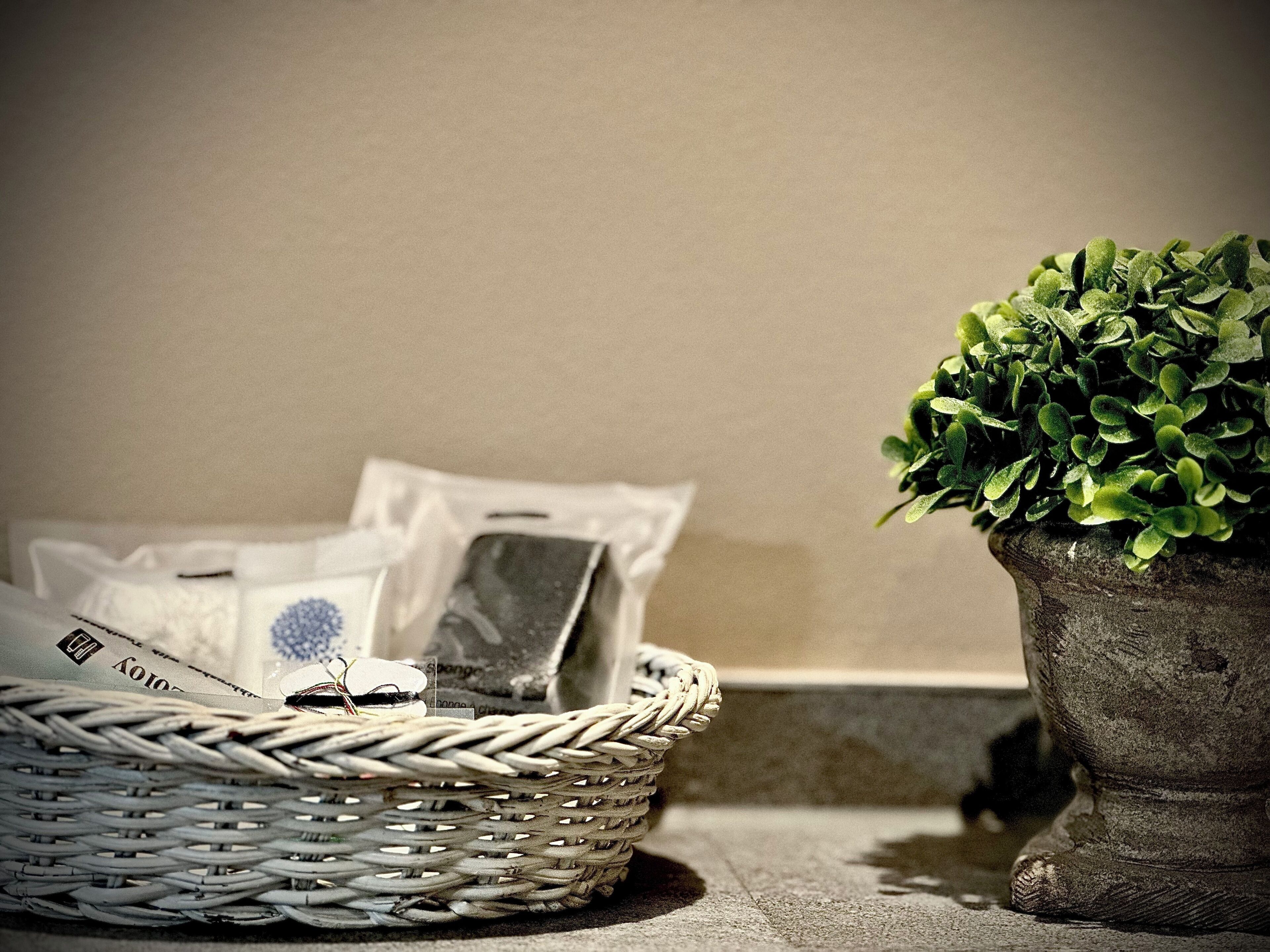 A wicker basket with items on a ledge, a potted plant, and a wall in the background.