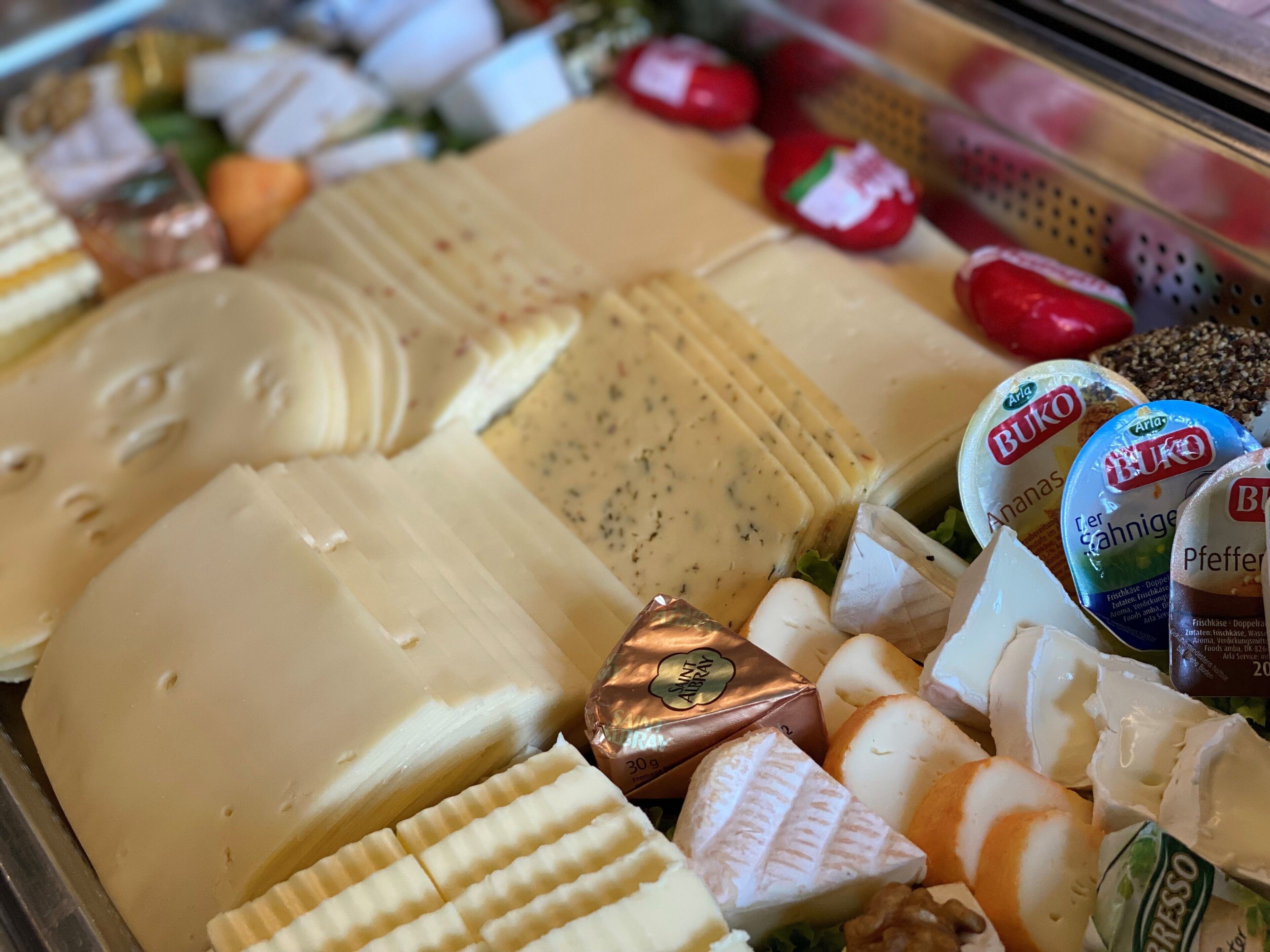 Diversidad de quesos y productos lácteos exhibidos en una vitrina refrigerada.
