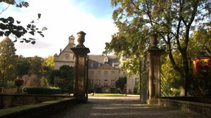 A cobblestone pathway leading to a historic building with a large entrance and a garden area.