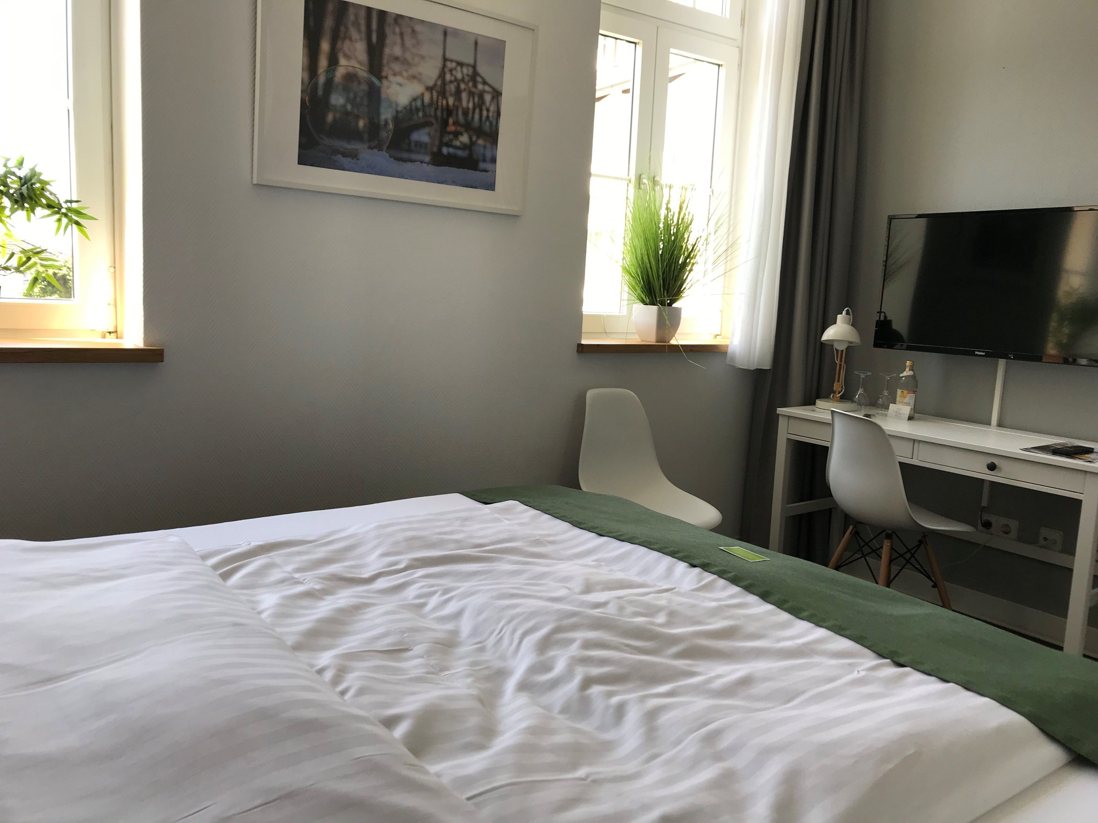 Habitación de hotel con cama, escritorio, silla, televisor y ventana con planta.