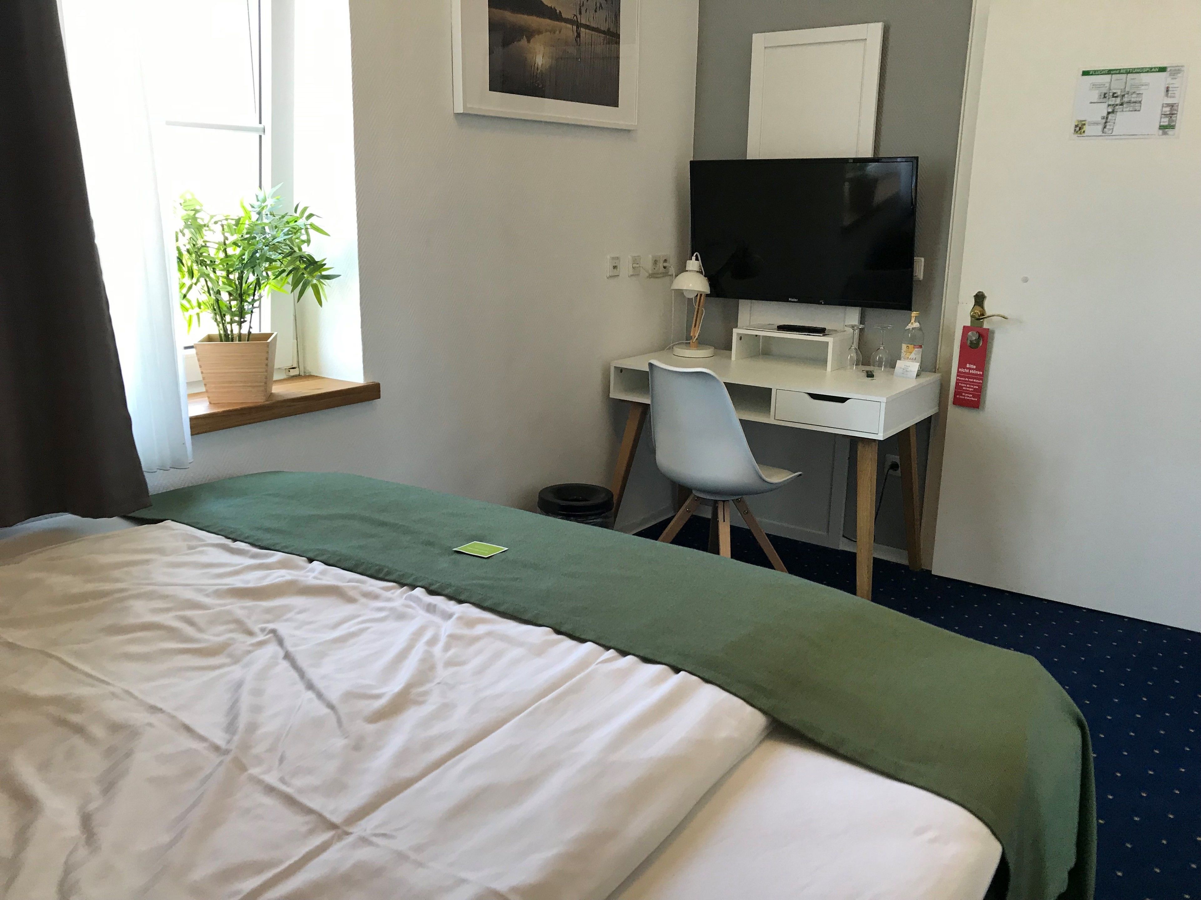 A hotel room with a bed, a desk with a chair, a television, and a window with a plant.