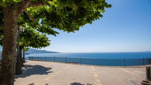 Un passeig pavimentat amb barana que dona a un cos d'aigua.