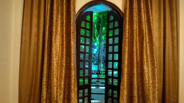 An arched doorway with patterned curtains, leading to a brightly lit interior with green foliage. - The Desire Hostel (New Delhi)