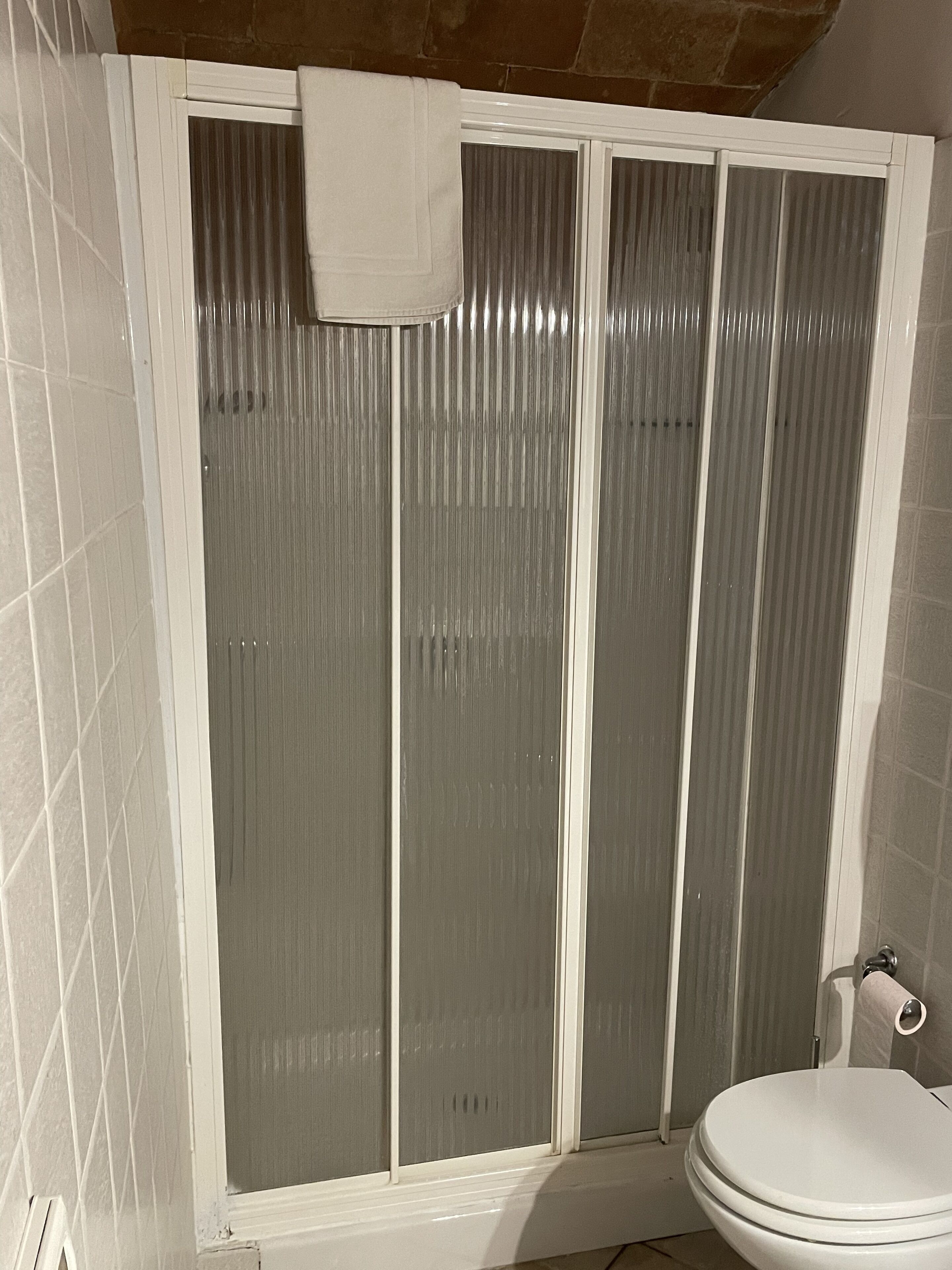 A bathroom with a shower enclosure, a toilet, and tiled walls.