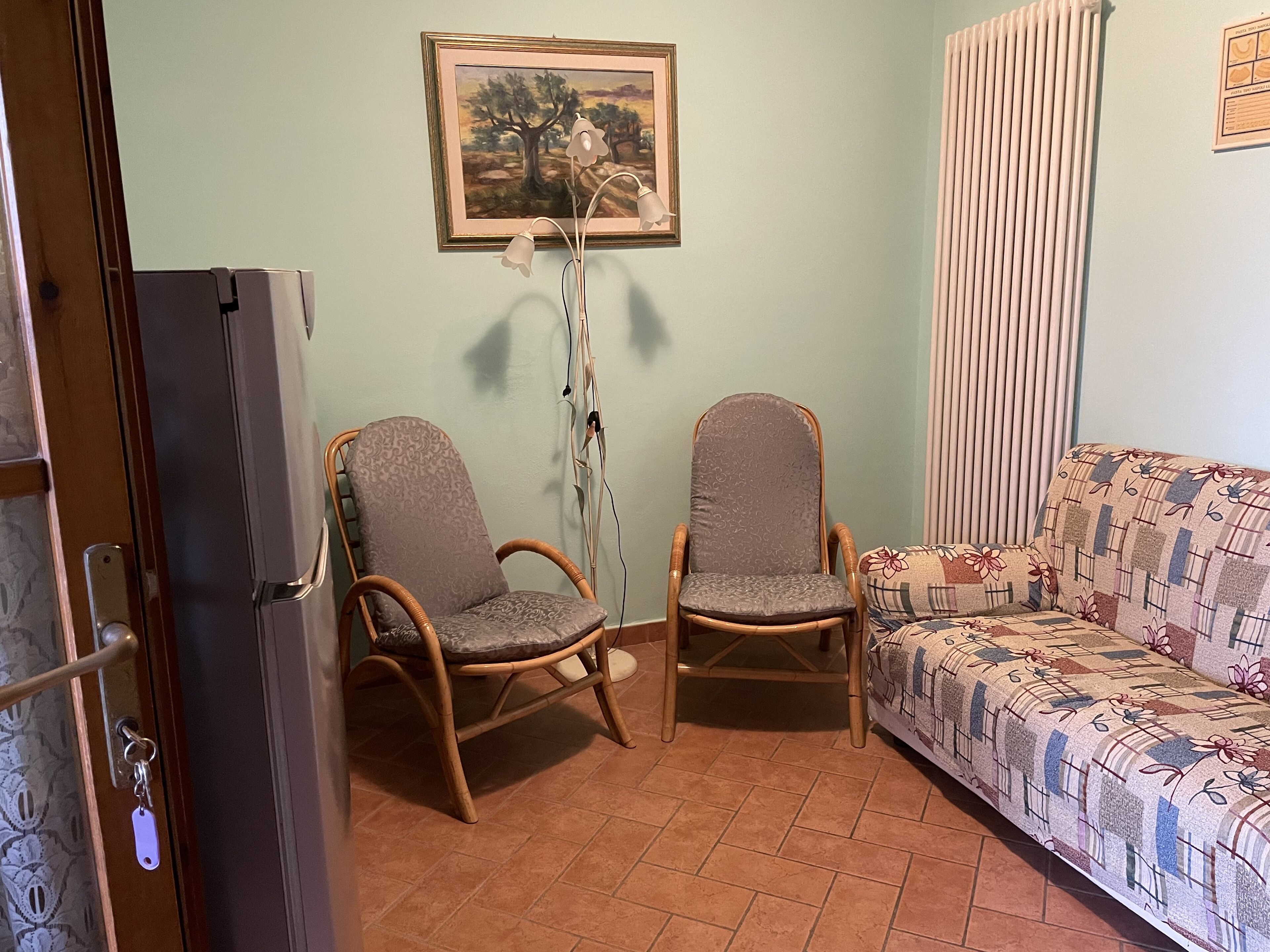 Una habitación con dos sillones de mimbre, un sofá estampado, un radiador y un cuadro enmarcado en la pared.