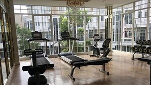 A spacious gym with treadmills, a bench press, and dumbbells, large windows offering a view of buildings and trees. - Splash (Bangkok)
