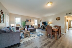 Smart TV, fireplace, table tennis, books