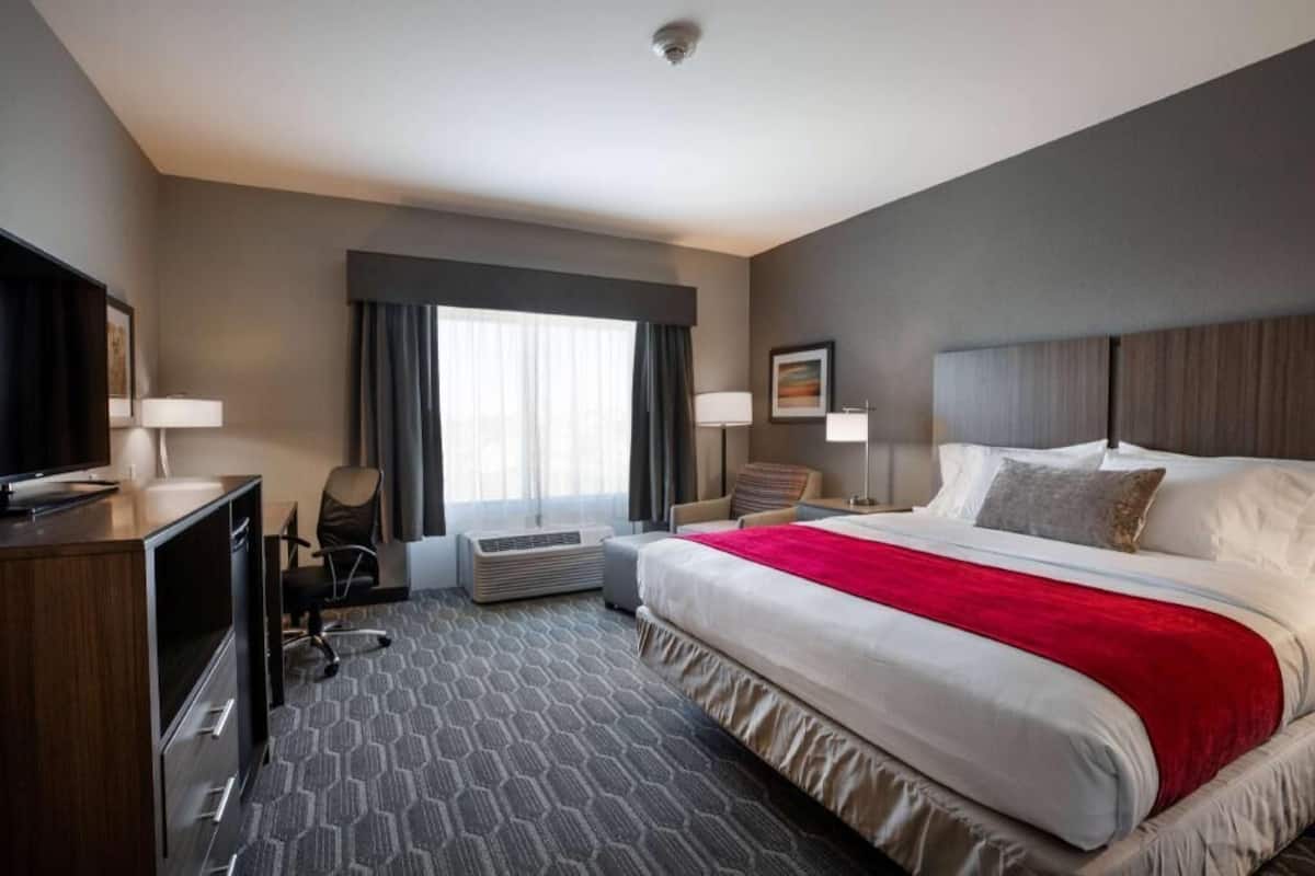 A hotel room with a bed, a desk with a TV, a chair, a window with curtains, and a wall-mounted picture.
