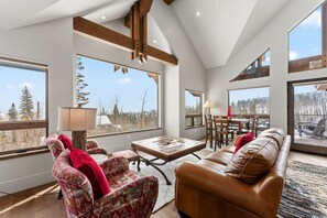 Smart TV, chimenea, libros y monitor de computadora 