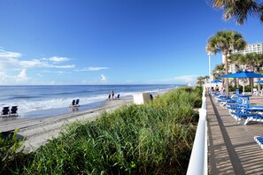 On the beach, sun loungers