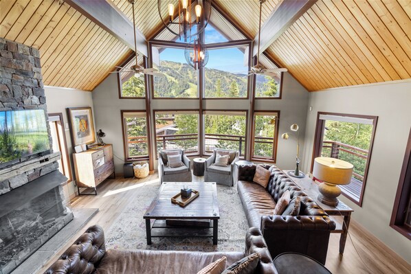 Televisio, takka, DVD-soitin, kirjoja