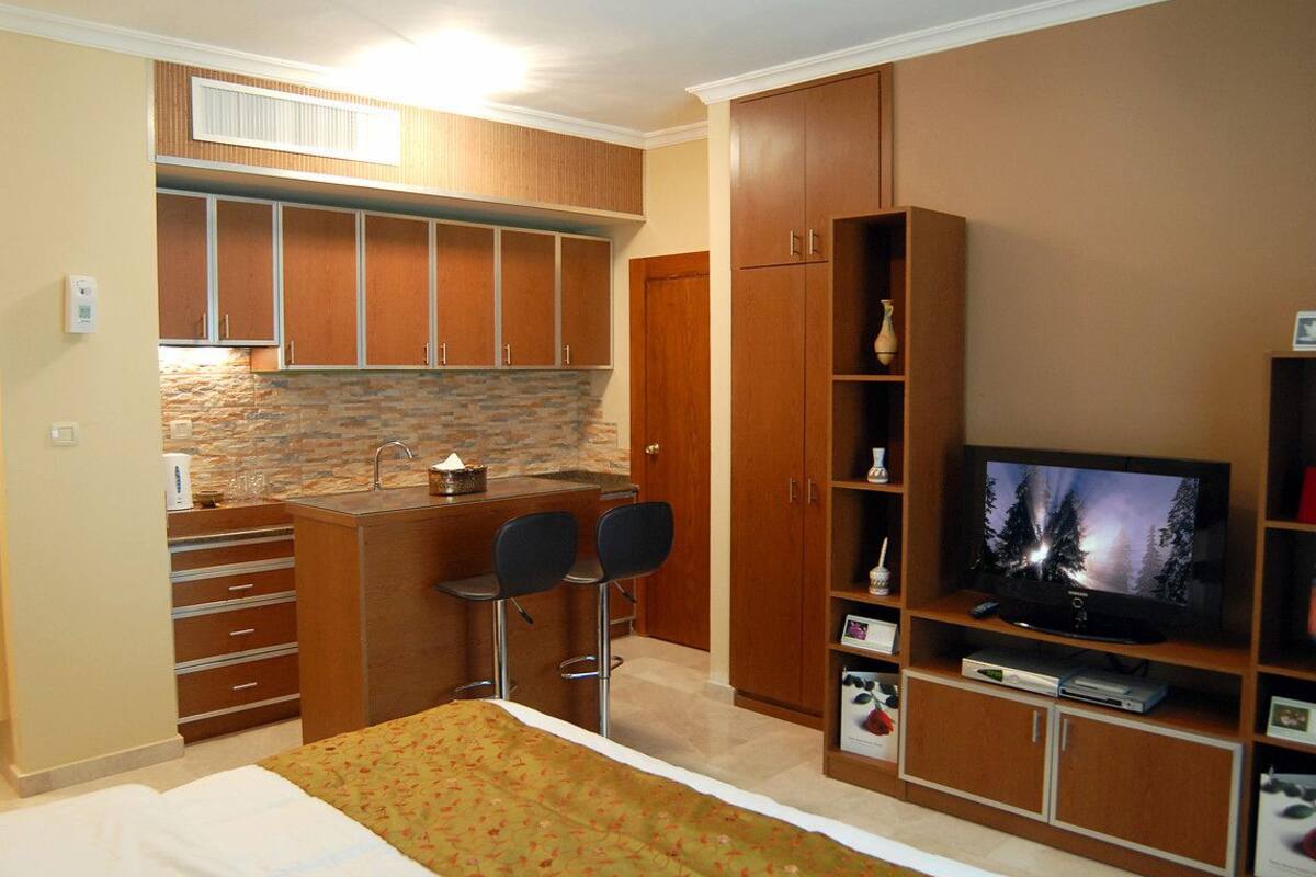 A compact room with a kitchenette, a bed, a TV, and a small seating area.