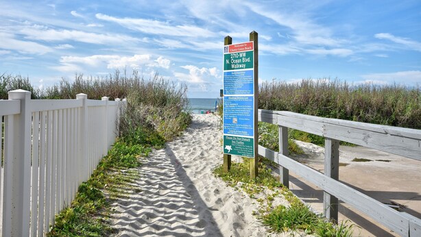 A beach walkway sign with directions and a QR code. - 202 28th Ave Unit 6 1 Bedroom Condo (North Myrtle Beach)