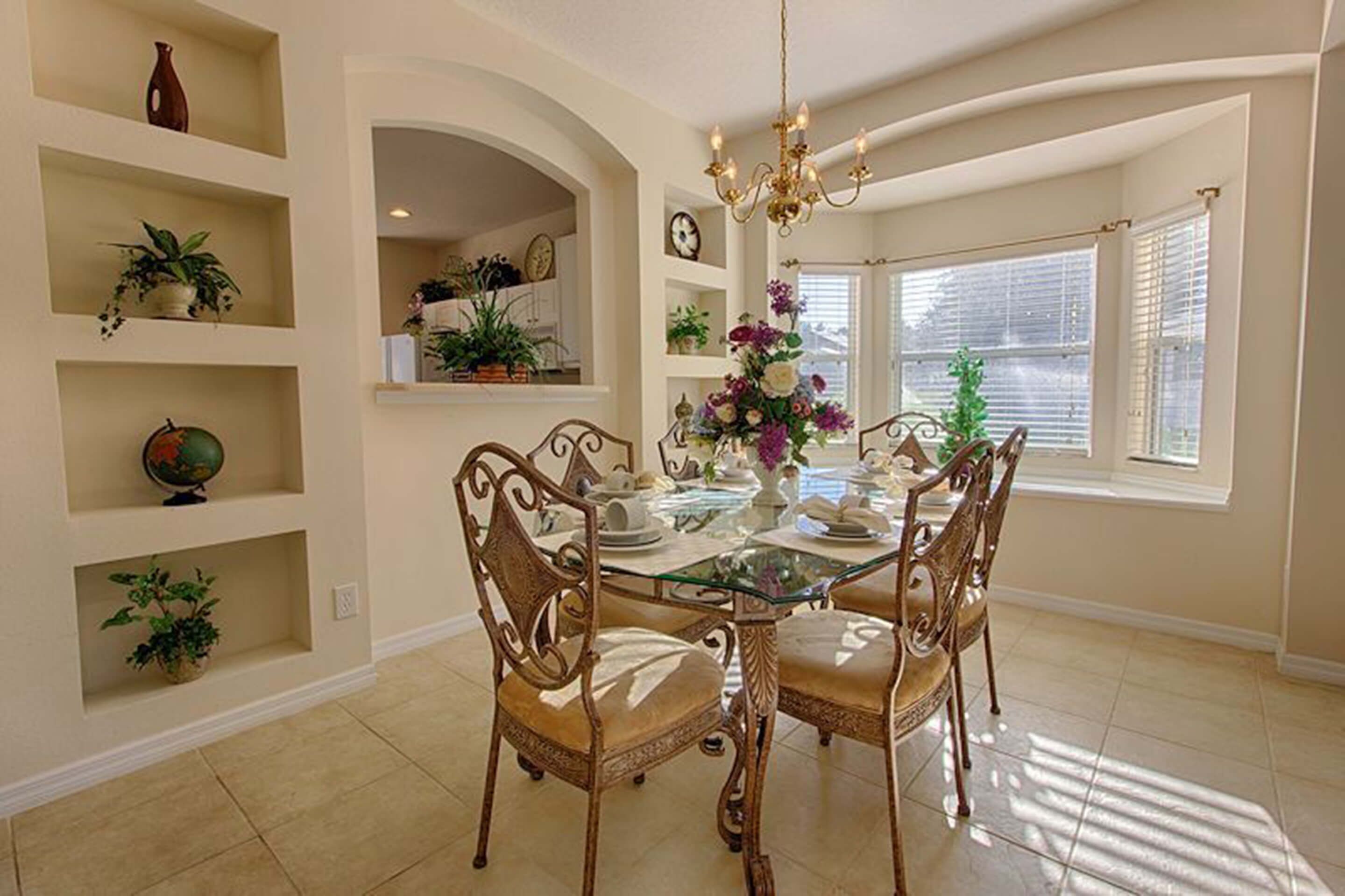 A dining area with a glass-top table, ornate chairs, and shelves with plants.