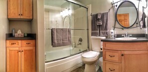 Hair dryer, towels, soap, shampoo